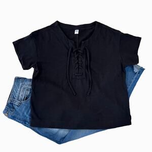Old Navy Black Short Sleeve Lace Up Top - SIZE MEDIUM